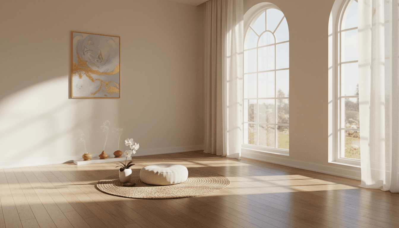 Peaceful meditation space with soft natural light and calm spiritual environment
