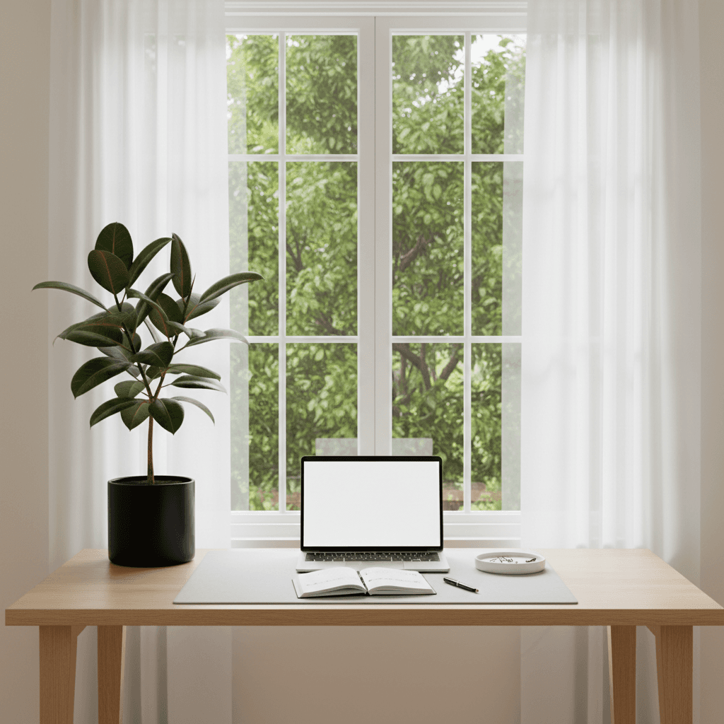 Home office desk beside window with thriving rubber plant in black pot, natural light, minimal professional setup