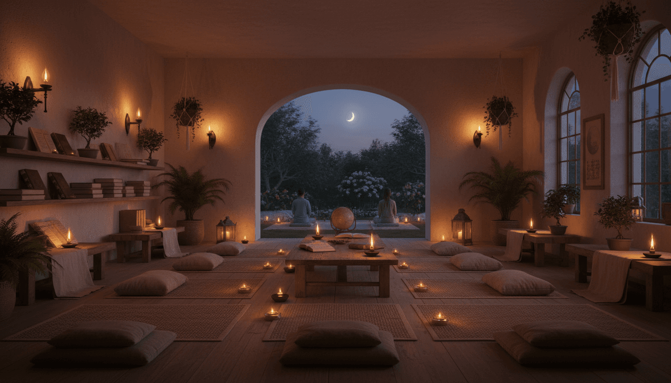 Serene meditation sanctuary room with soft golden lighting, cushions, spiritual texts, and large windows overlooking natural landscape