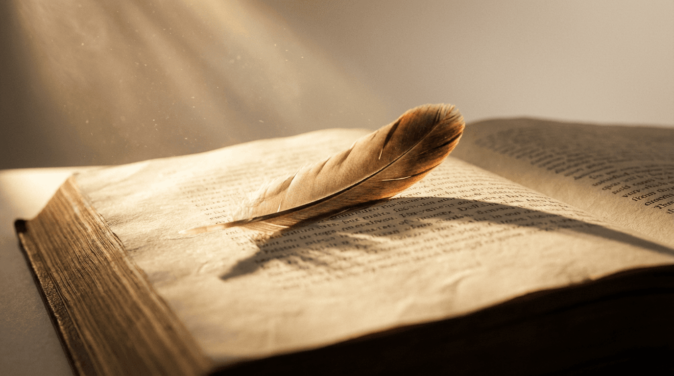 Open book with feather casting shadow, golden light and floating dust motes